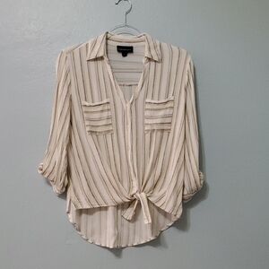 Chic Beige Striped Button-Down Shirt